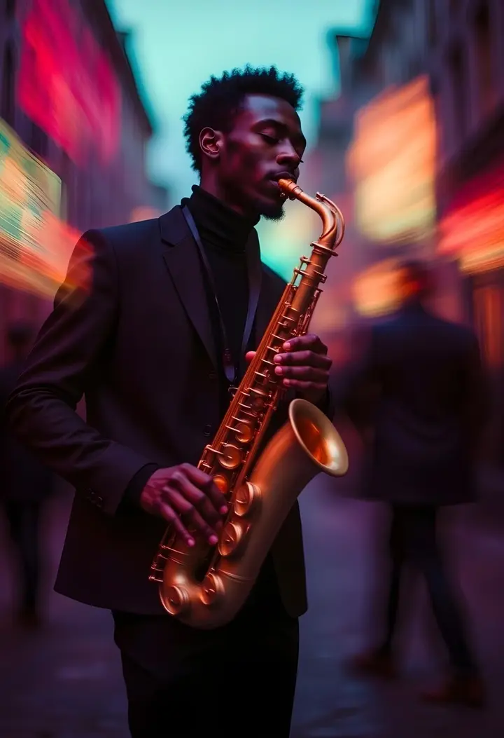 Tunde Bakare playing saxophone on a rooftop at sunset, shown in the Jubal Sparks feed